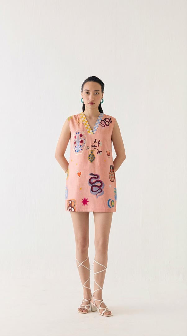 Pottery Print Viscose Linen Short Dress - Luxury Resort Shift
