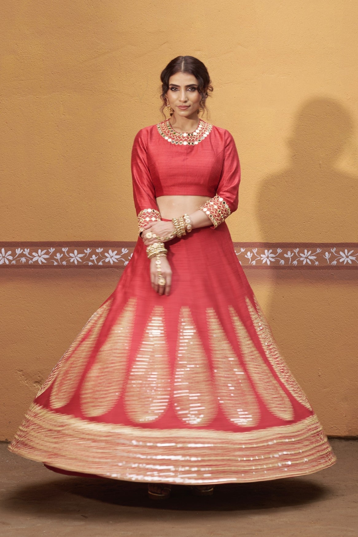 Kalidar red hand embroidered lehenga with blouse and dupatta
