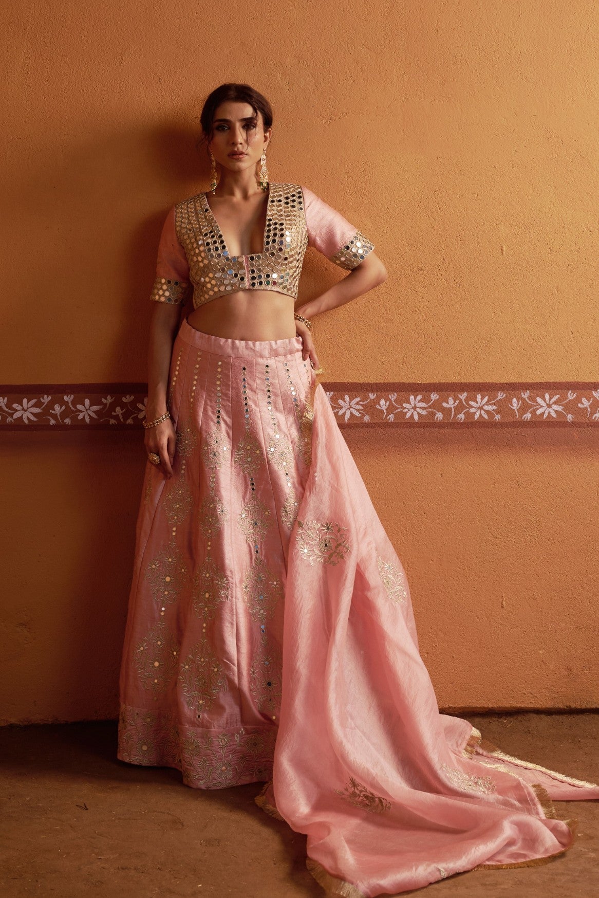 Kalidar blush pink hand embroidered lehenga with blouse and dupatta