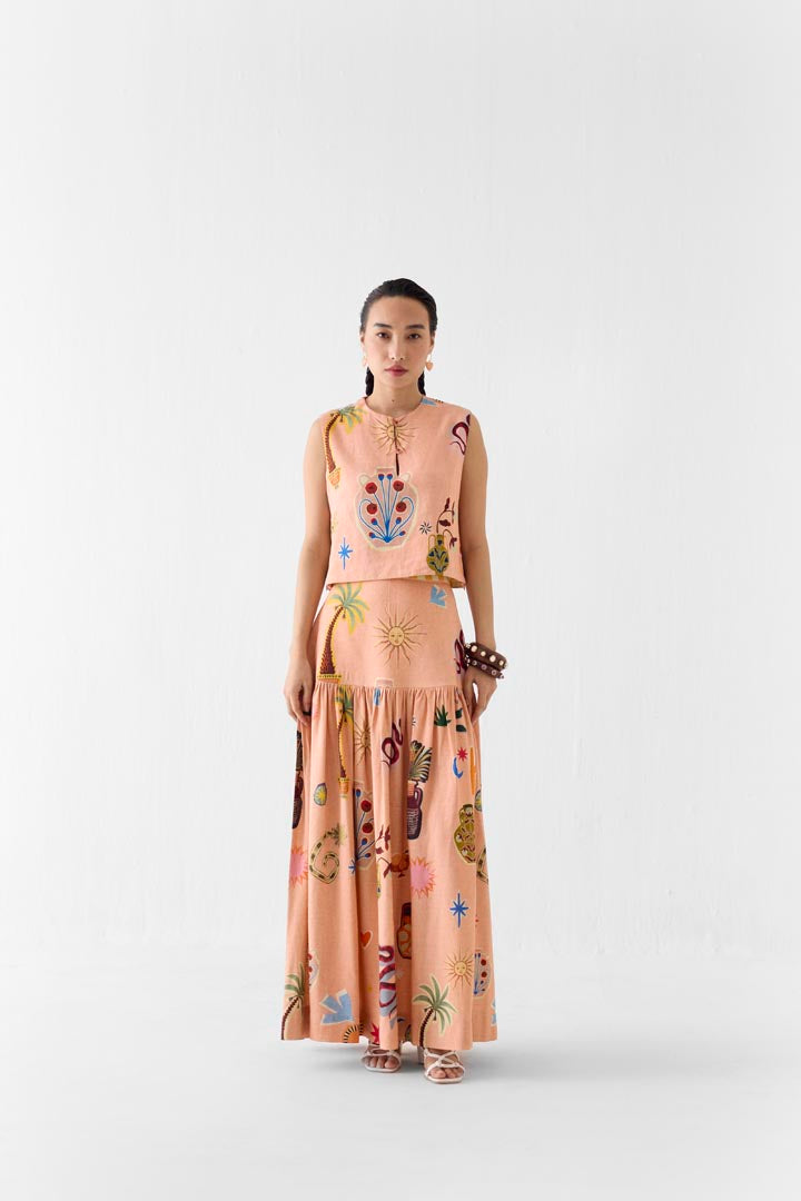 Pottery Print Viscose Linen Crop Top and Gathered Skirt Co-ord Set