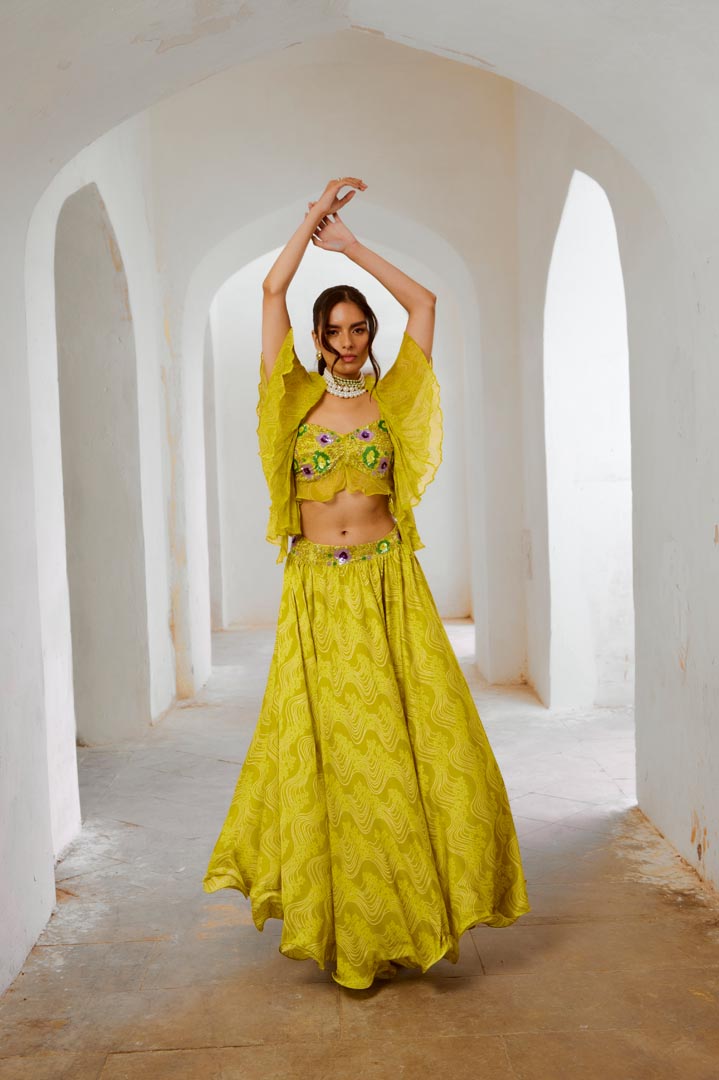 Image of Gulbahar Lemon green  butterfly boho blouse with flair skirt set