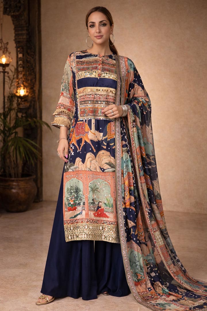 The Whispering Palace: Printed Crepe Sharara Set with Mirror Work