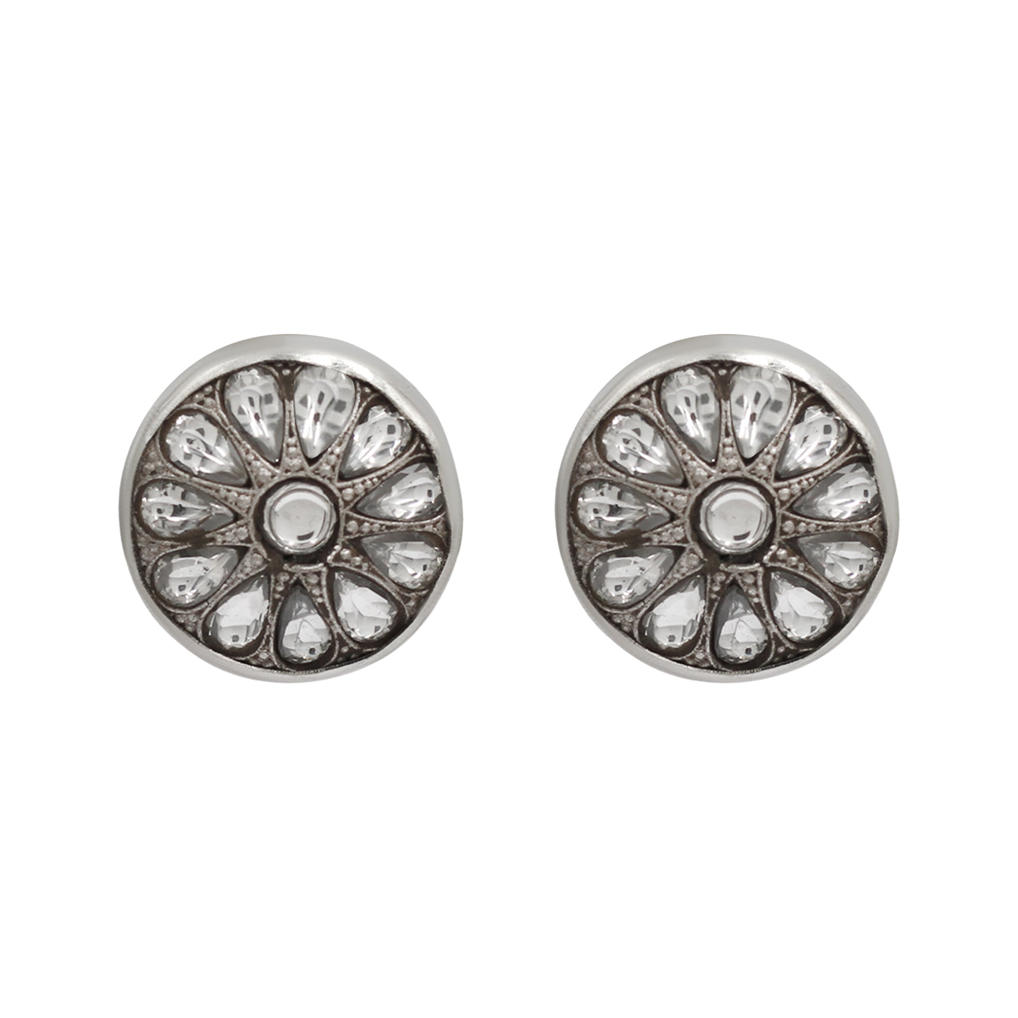 Sangeeta Boochra Green Stone & Polki Flower Silver Earrings