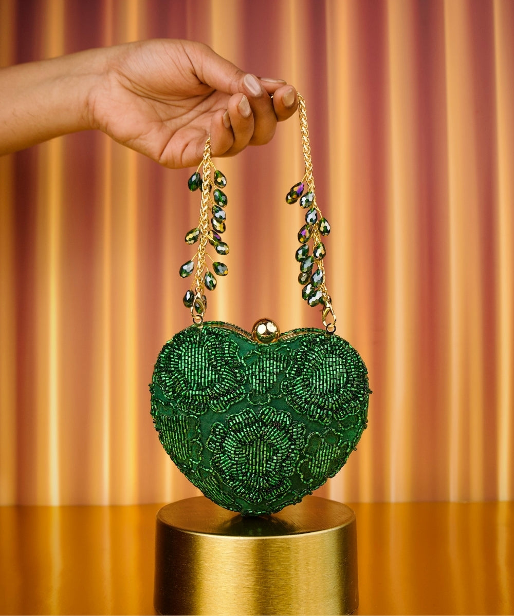 Cora Green Suede Embellished Heart Bag