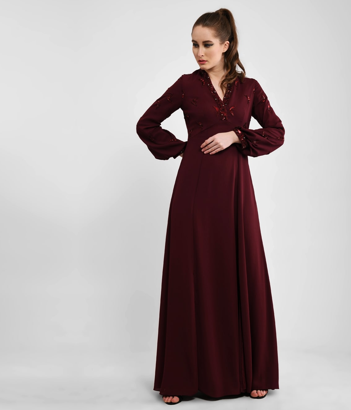 Classy Cranberry Hand Embellished V-neck Dress