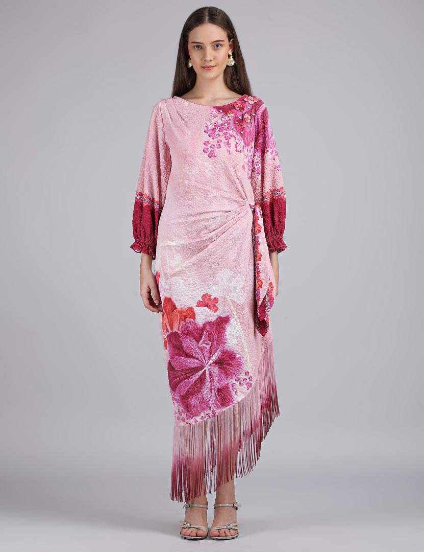 Petals Below Asymmetrical Placement Printed Dress