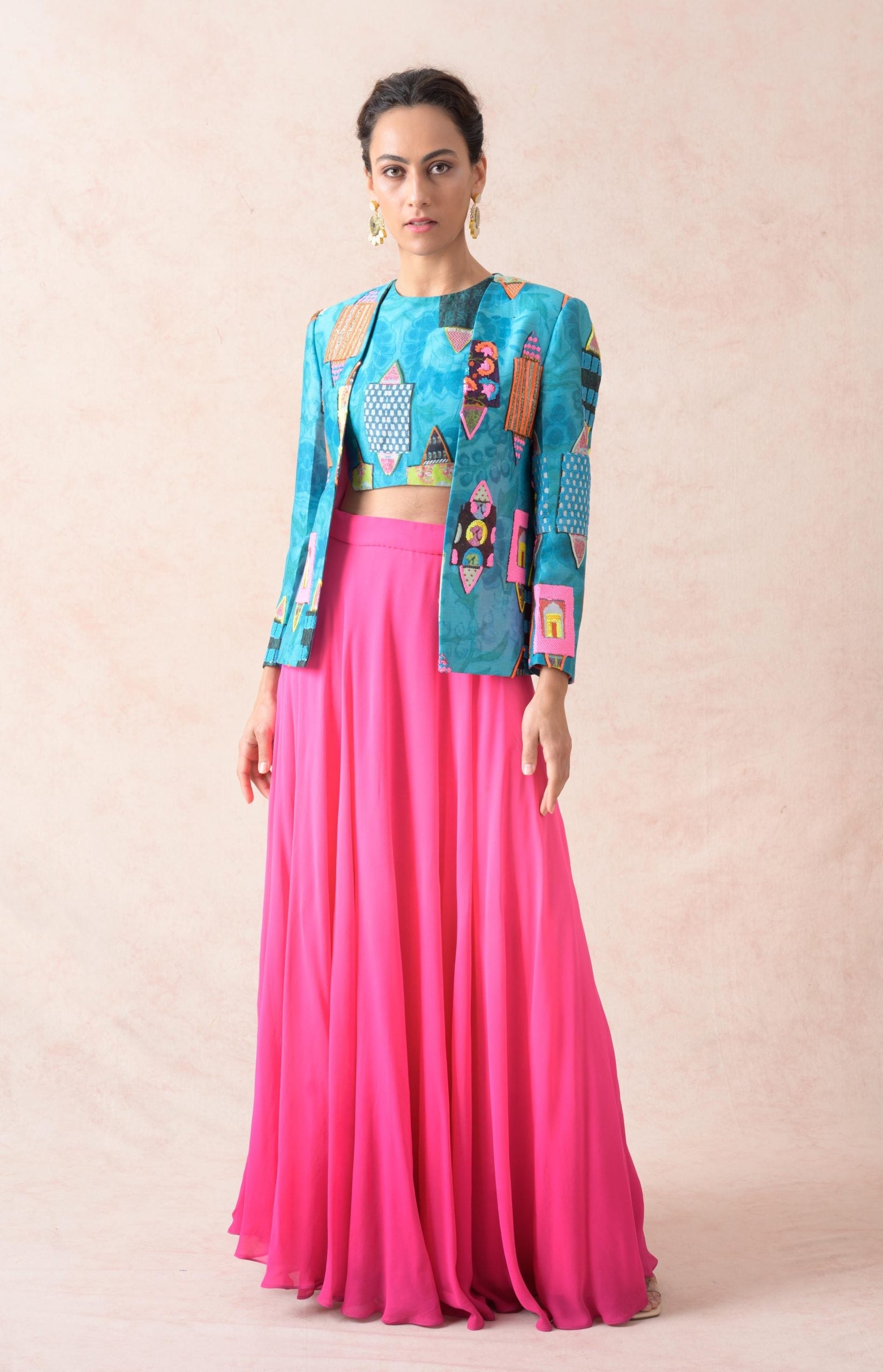 Hand embroidered Ayra chanderi silk jacket with blouse and ombre lehenga