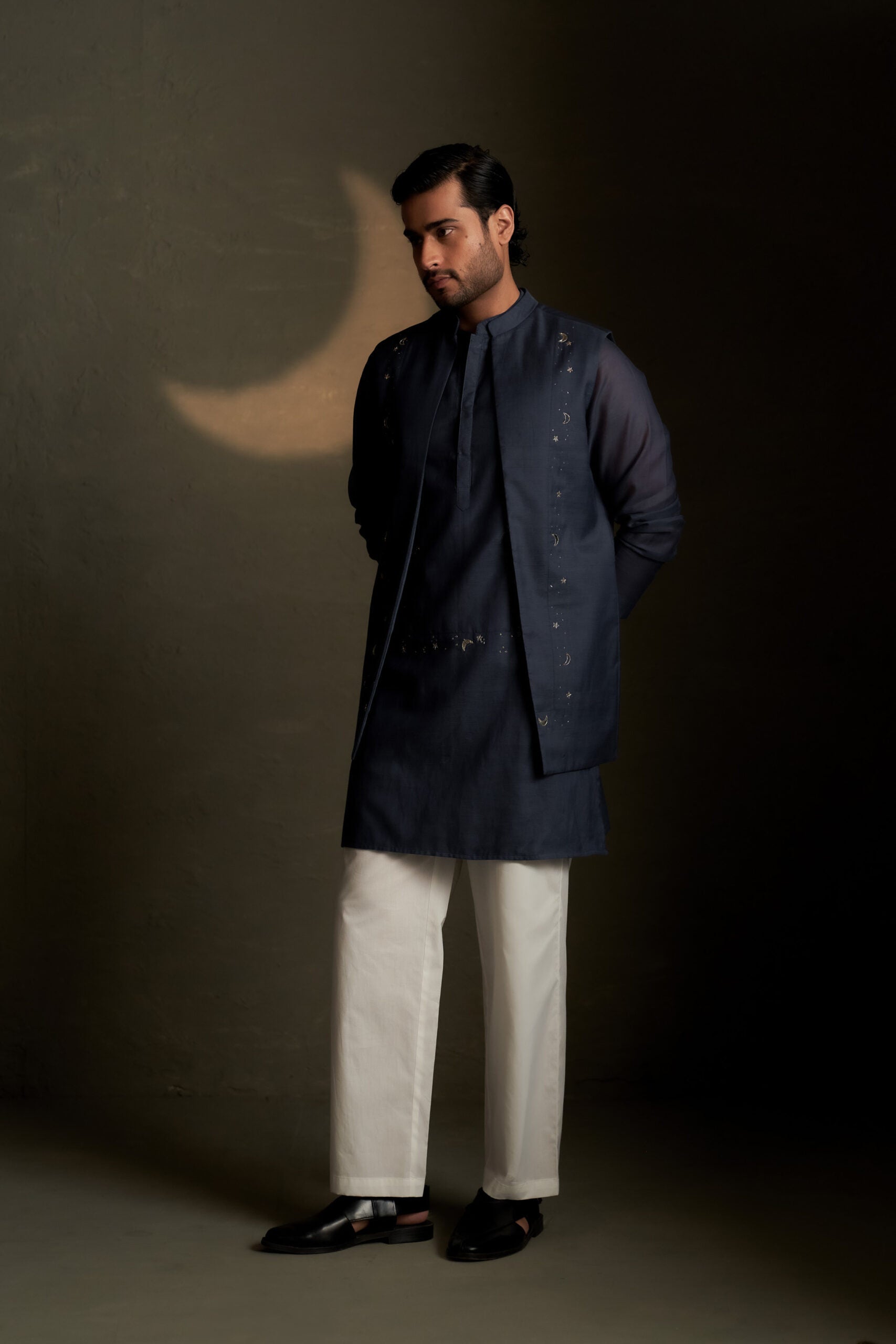 Blue Dusk Long Kurta Set with Bundi