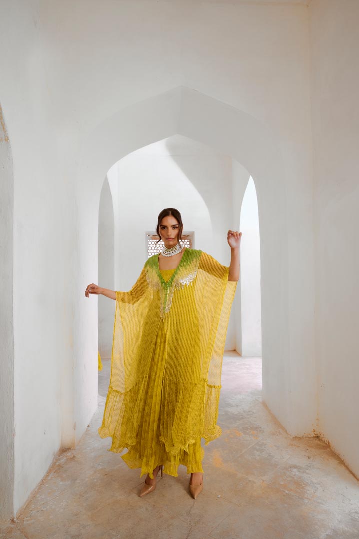 Image of Gulbahar lemon green bling kaftan dress set