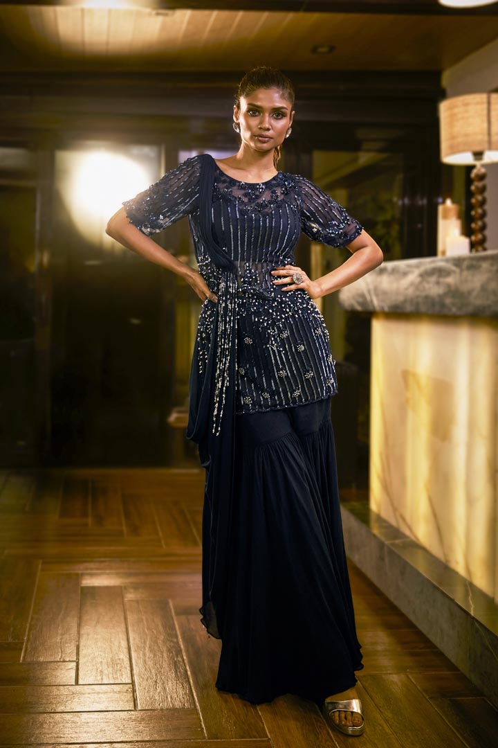 Midnight Blue sharara set with pearl and bead embellishments