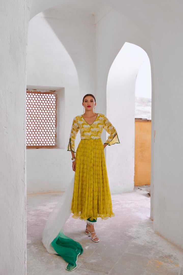 Image of Lemon green Bahaar anarkali set