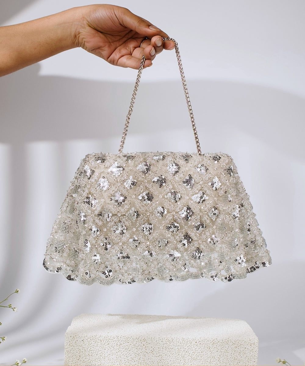 Grace Silver Suede Embellished Clutch
