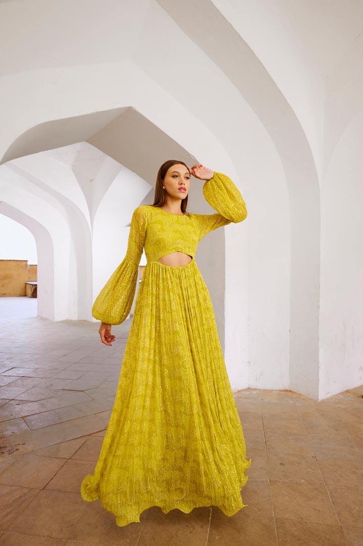 Image of Gulbahar Lemon green peekaboo waist jugnu sequin maxi