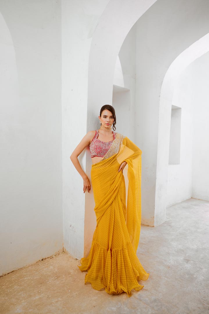 Image of Marigold Gulbahar saree with laal blouse set