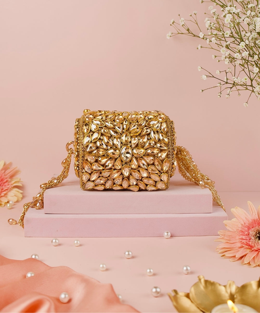Mia Gold Georgette Embellished Mini Cylinder Bag