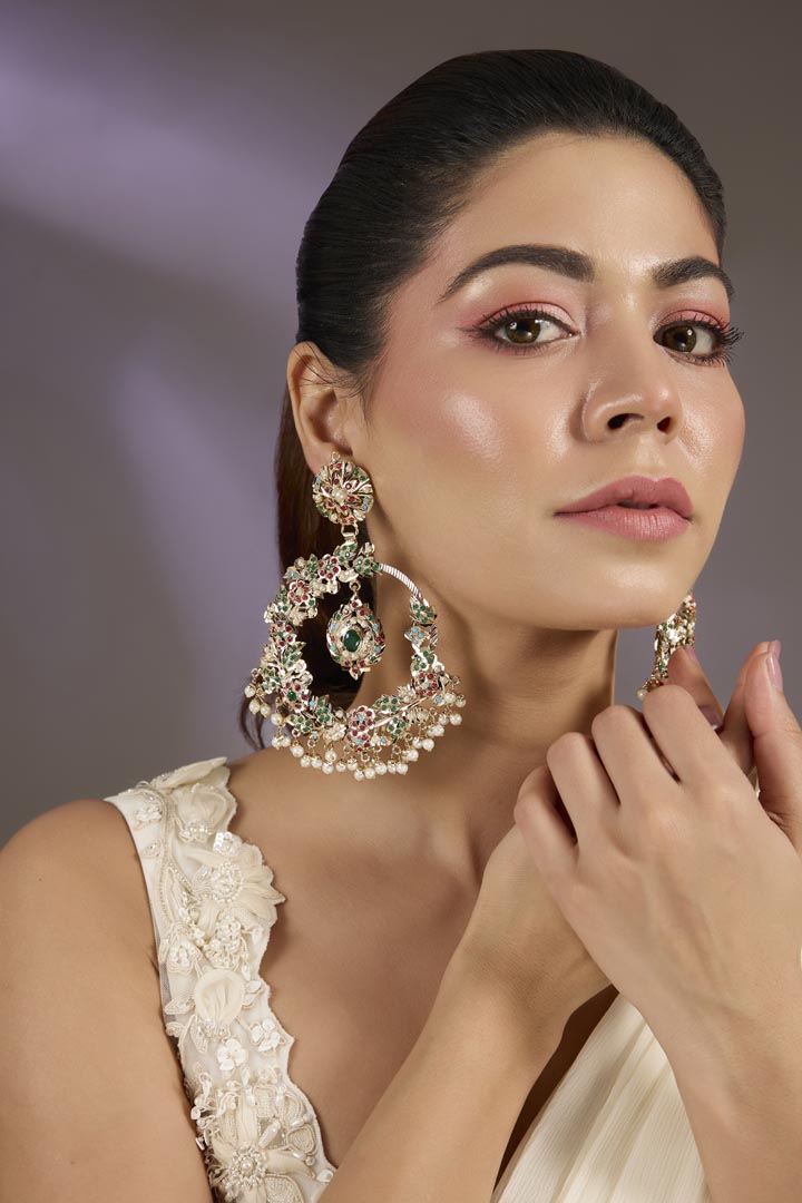 Oversized Chandbali Earrings with Multicolor Stones and Pearl Drops