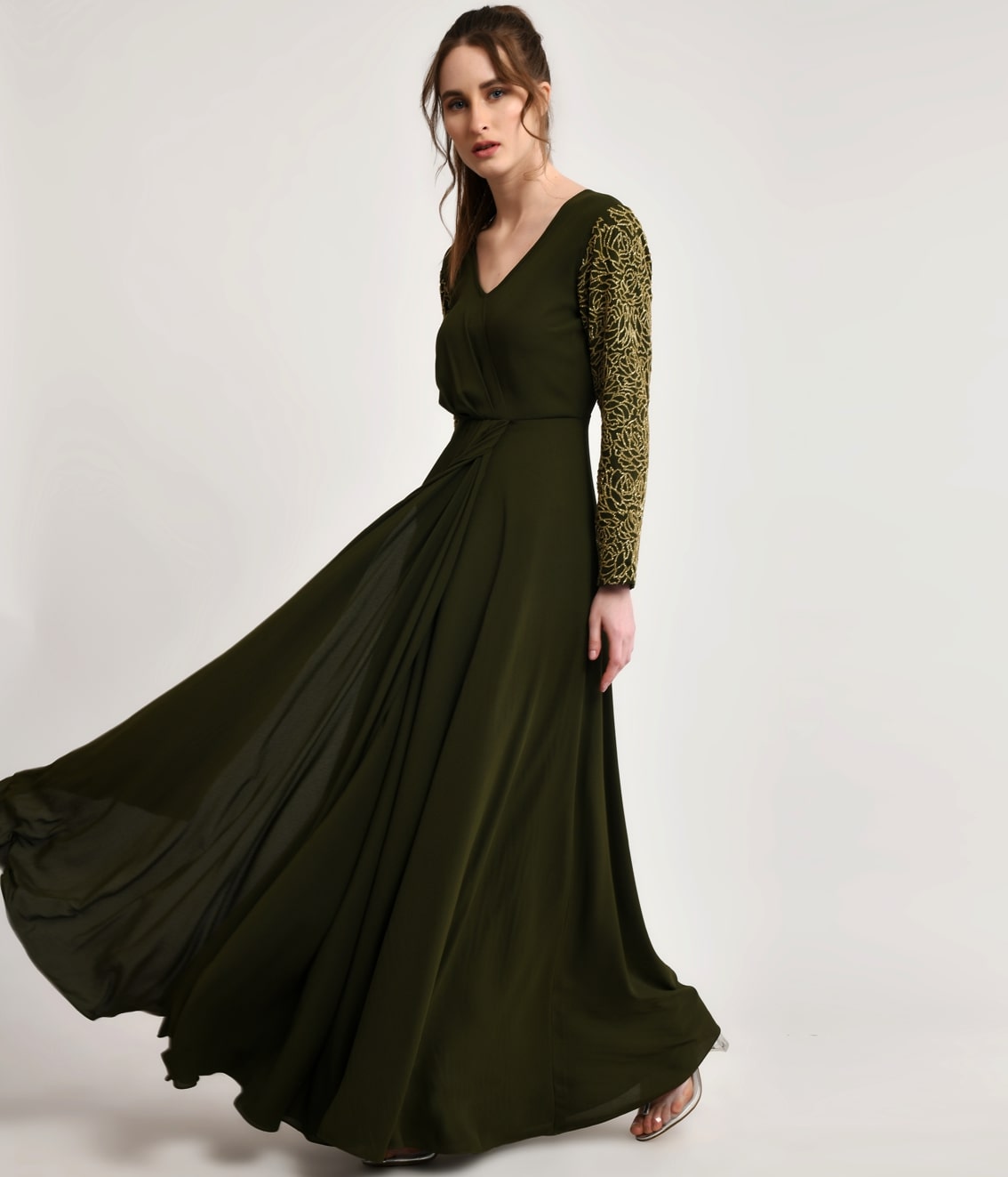 Deep Olive Green Embellished Draped Gown