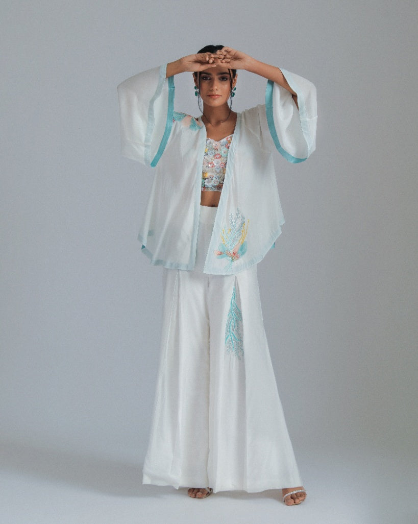 White asymmetrical jacket complemented by chanderi silk pleat flairs and a hand-embroidered net bustier.