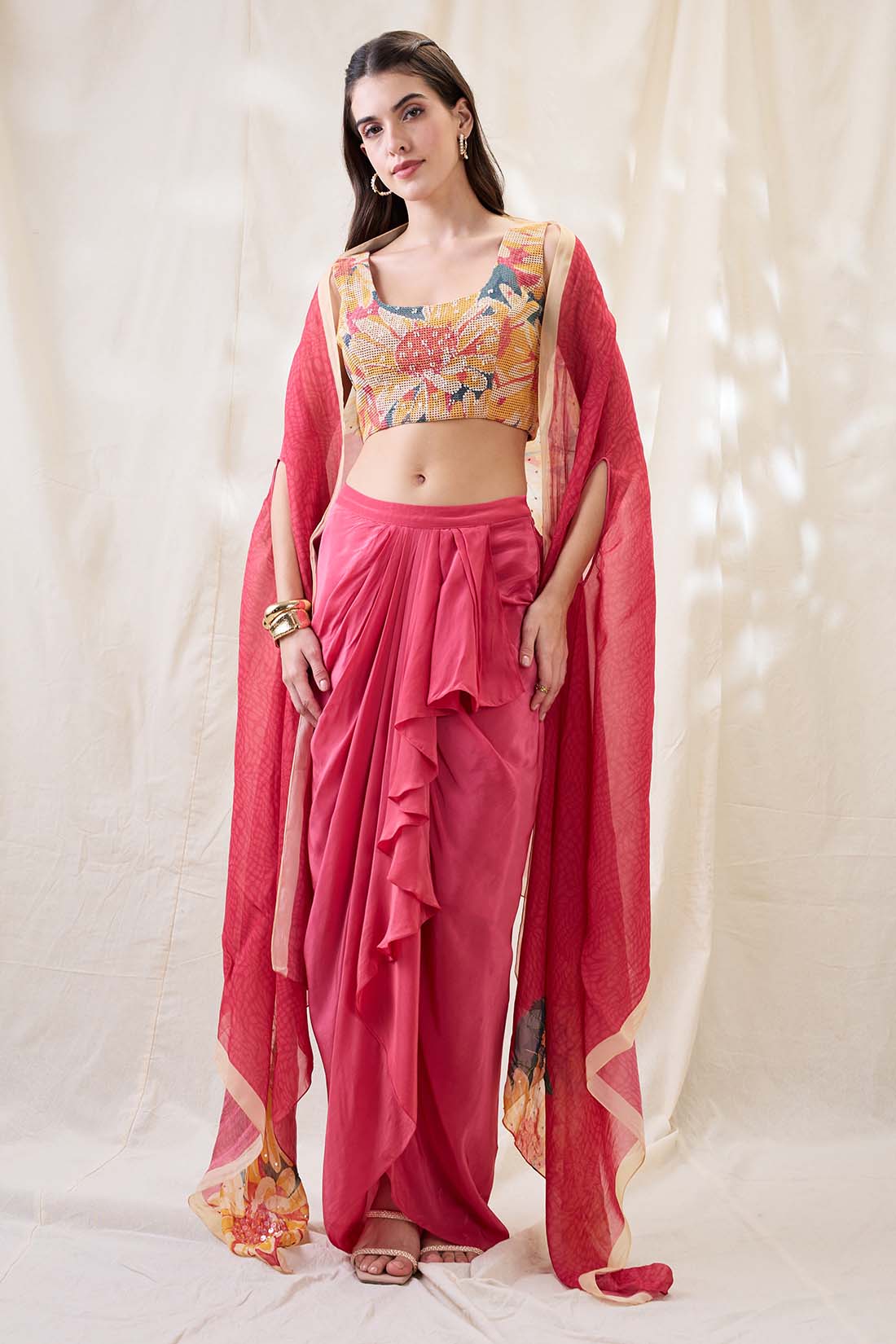 Ravya drape skirt set with embellished cape SP4731
