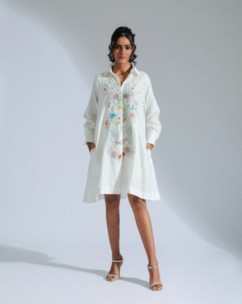White shirt dress with intricate lace, beadwork, and charming motifs. 