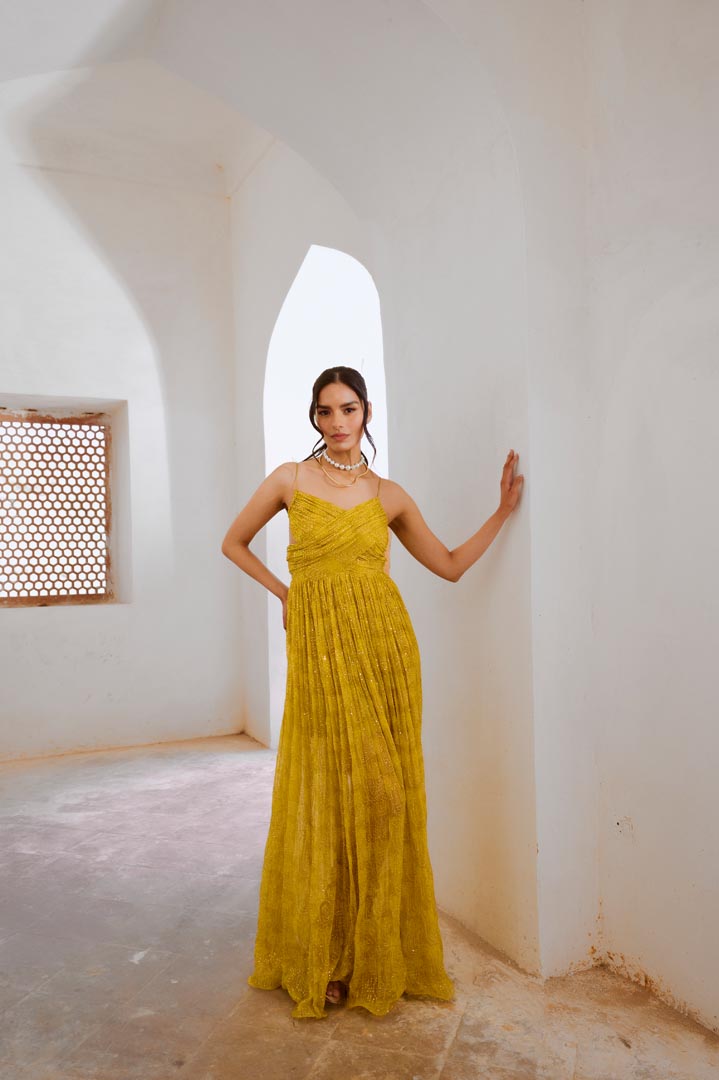 Image of Gulbahar Lemon green jugnu Bandeau Bodice maxi