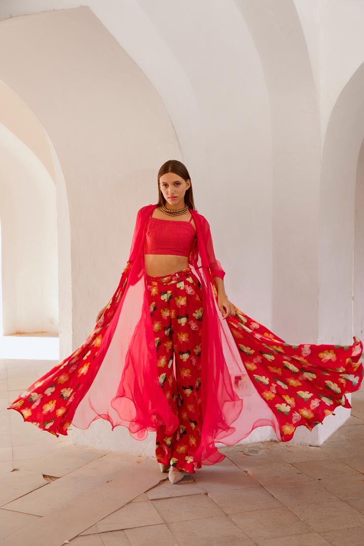 Image of Gulbahar Chilly red organza Jacket with  crop top and culottes set