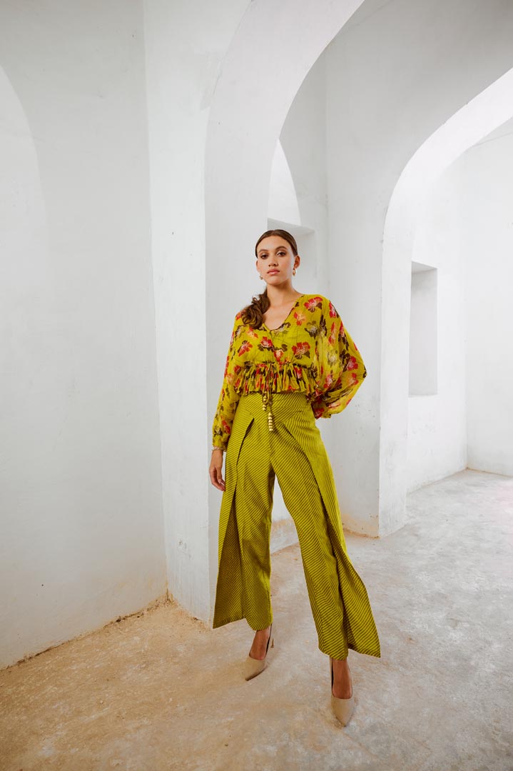 Image of Gulbahar Bumble bee green boho frill top with inner & fall pants set.