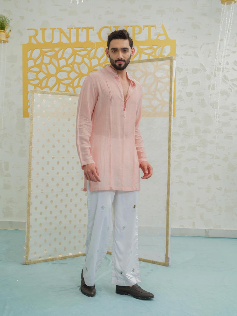 Pleat Pink kurta with Embroidered Pants