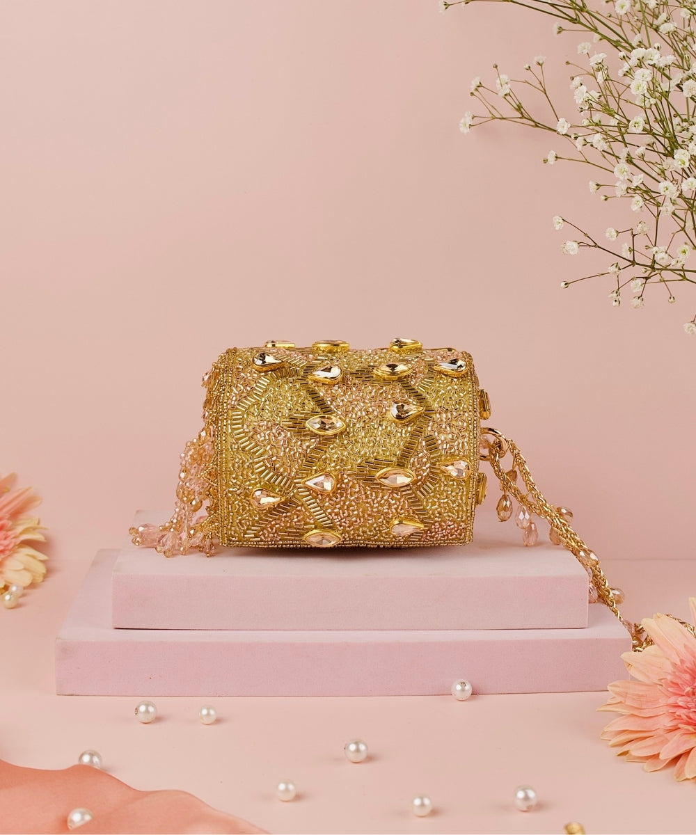 Rania Gold & Pink Georgette Embellished Cylinder Mini Bag