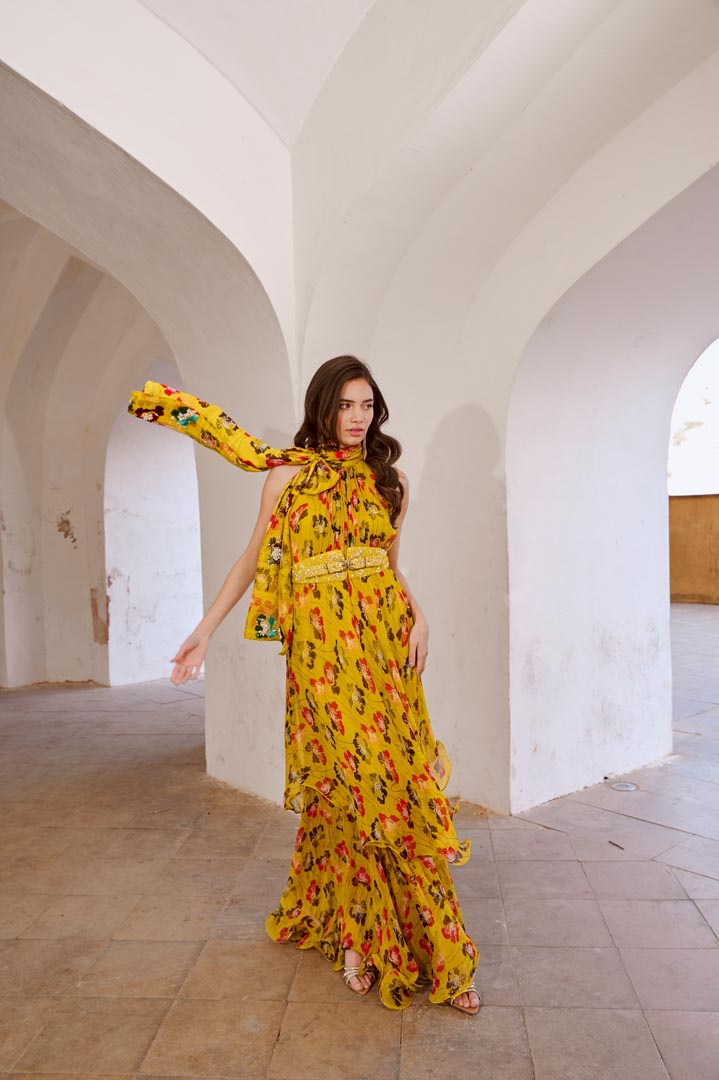 Image of Gulbahar Bumble bee green halter maxi with seperate bow & belt set.