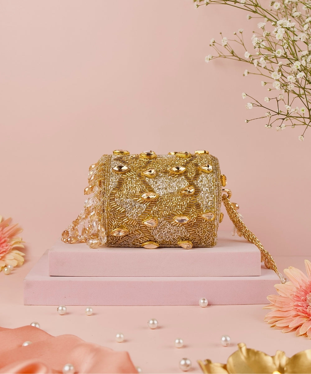 Rania Gold & Silver Georgette Embellished Cylinder Mini Bag