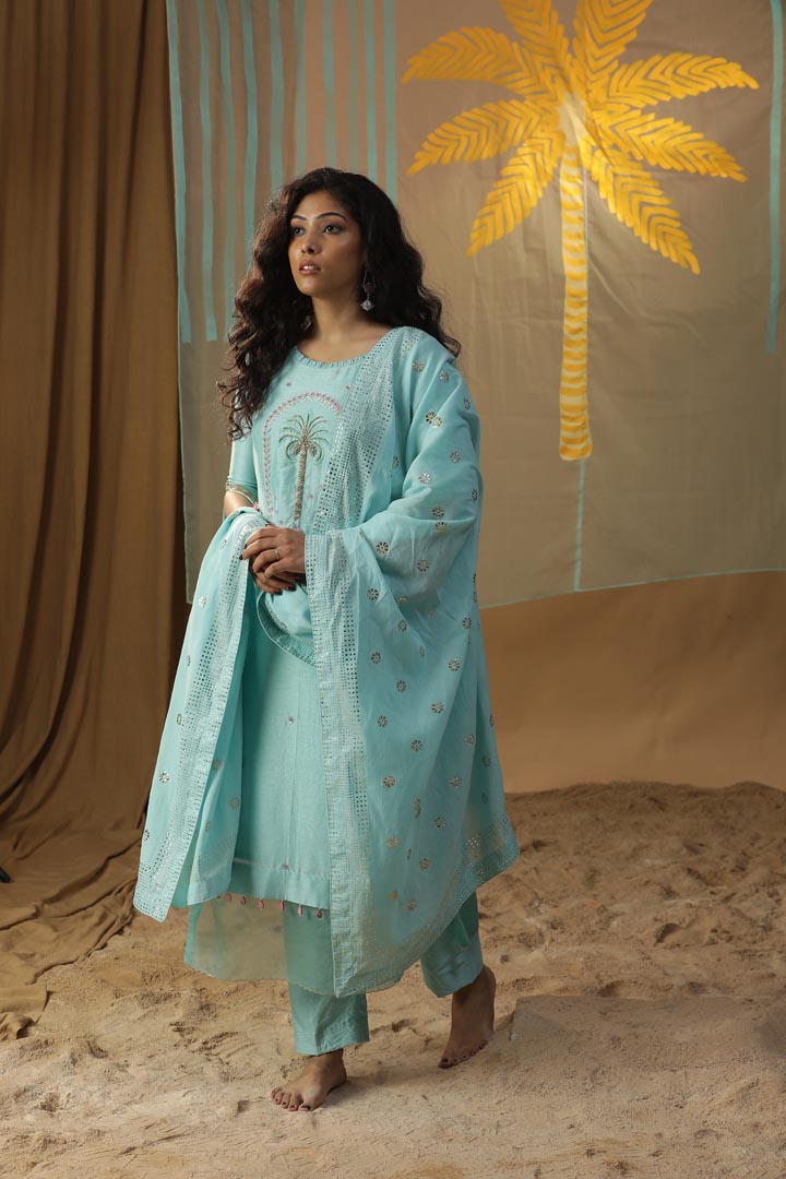 Image of SKY BLUE CENTRE PALM TREE SUIT SET