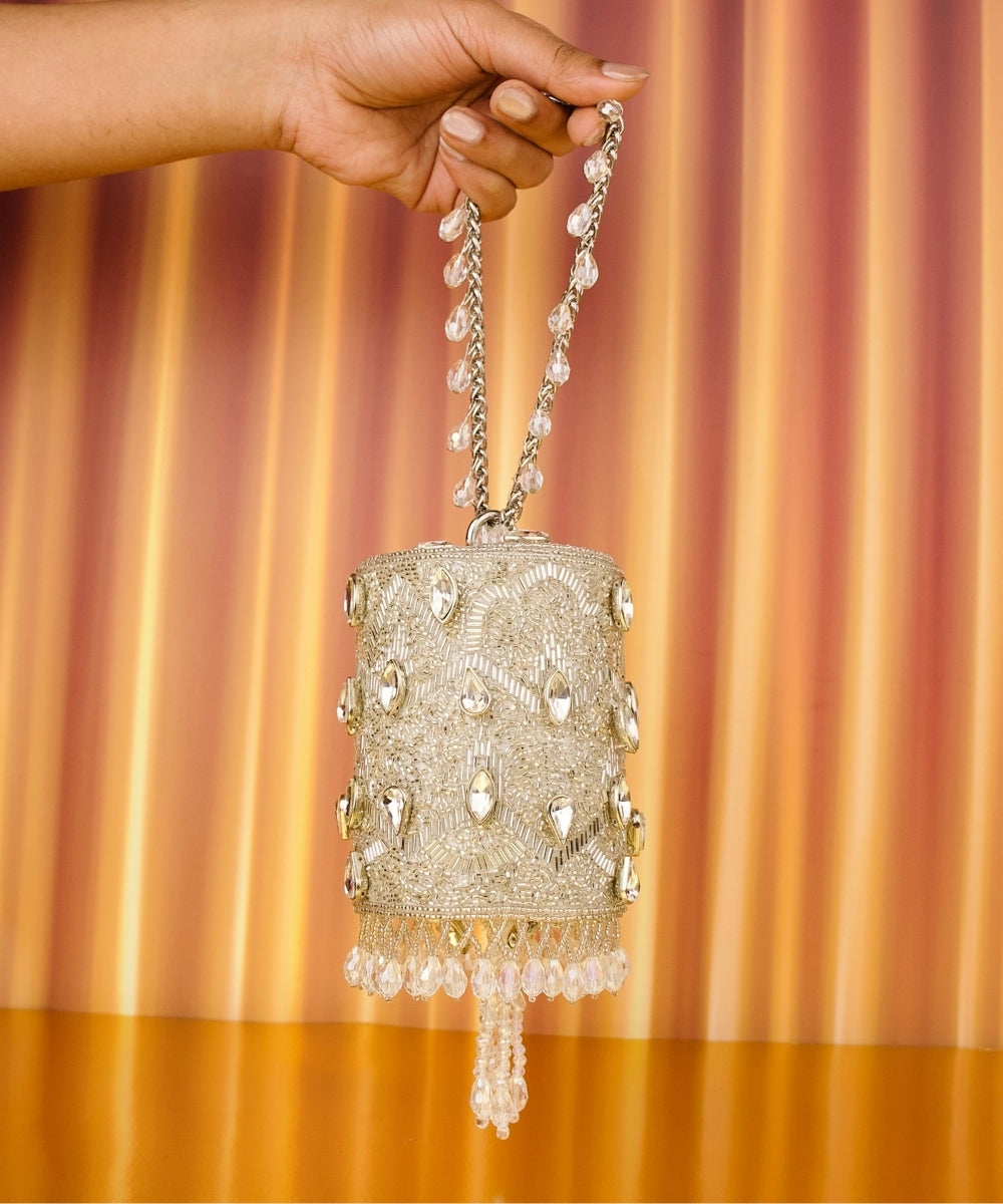 Rania Silver Georgette Embellished Cylinder Mini Bag