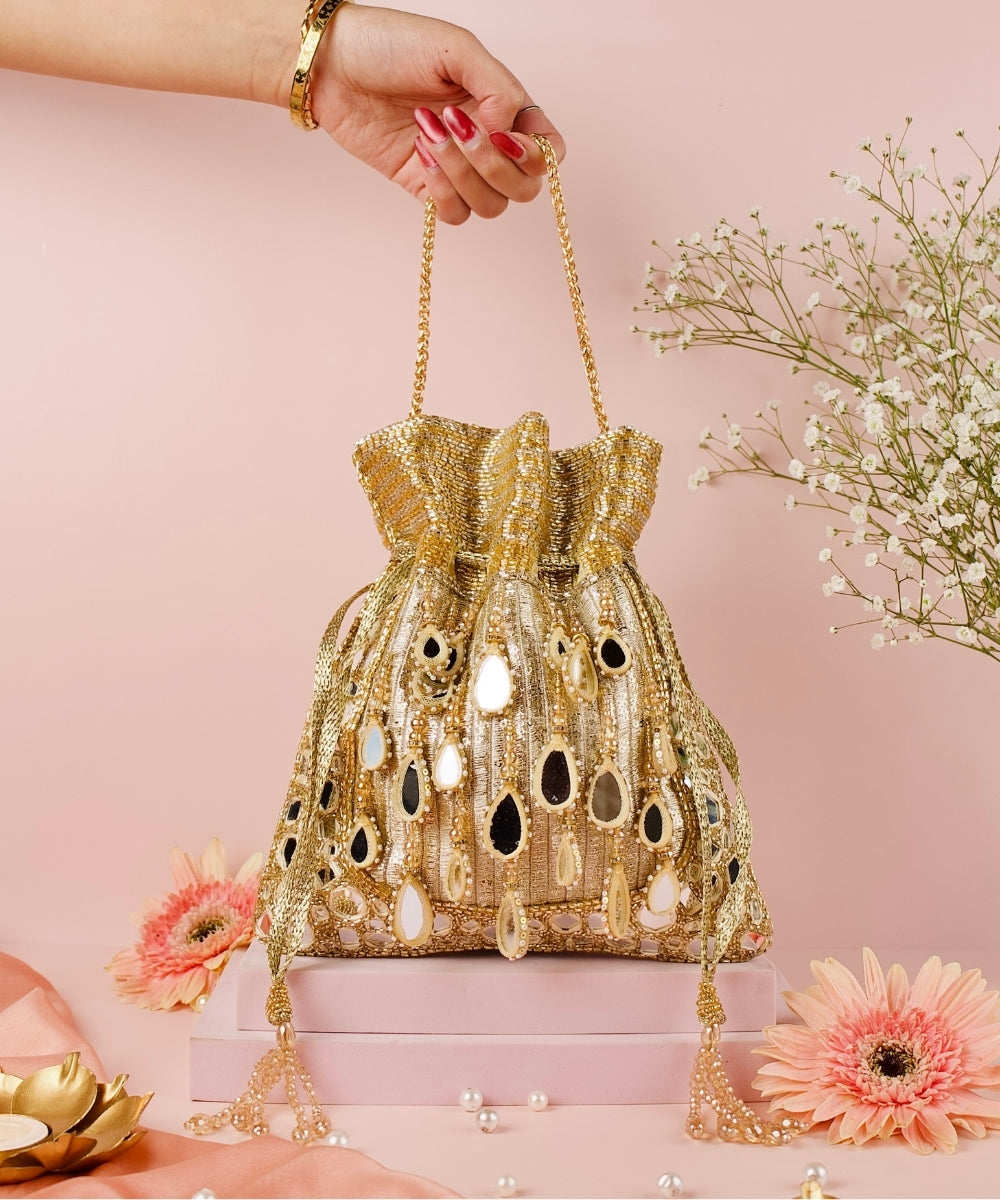 Noorah Gold Georgette Mirror Handcrafted Potli