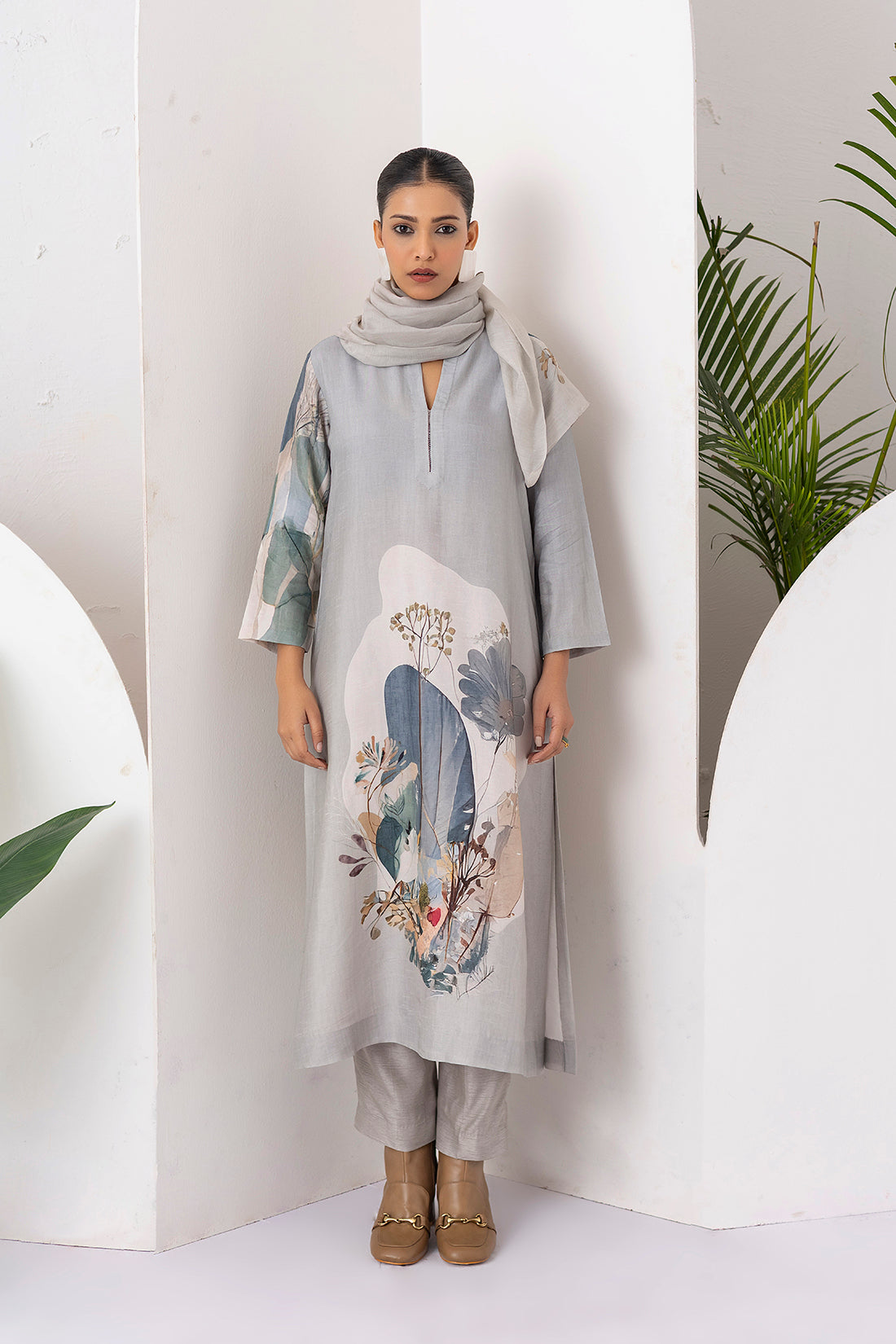 Grey Viscose Dupion Printed Tunic (1 PC)