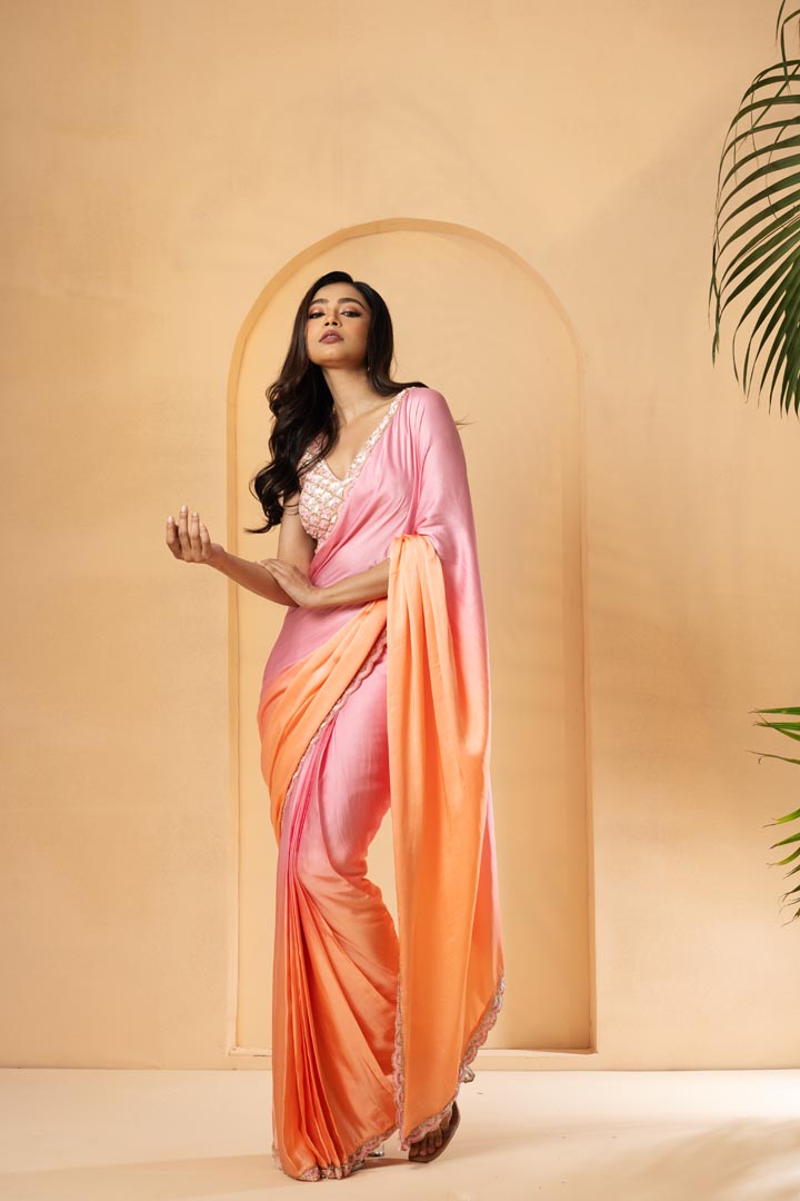 Pink-Peach ombre pre-stitched drape saree