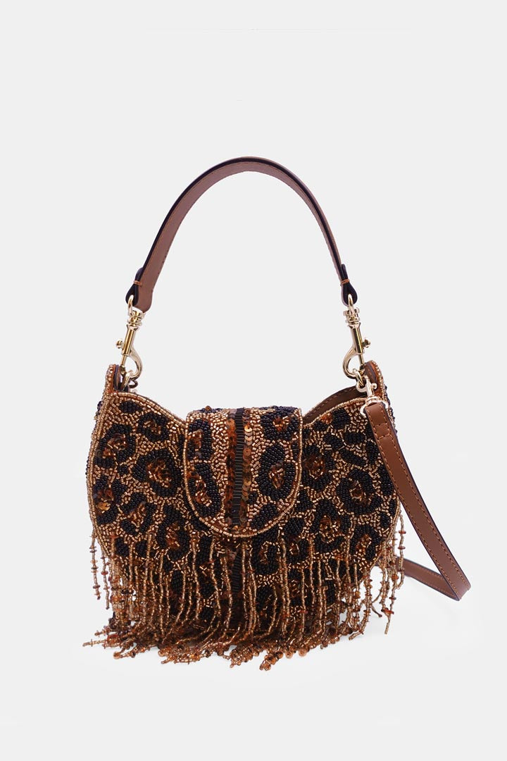 Leopard Fringed ClutchBags |  Embellished with Beads and Sling Strap