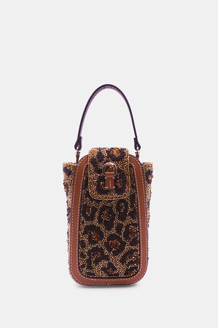 Leopard Print Hand-Embellished Beaded Clutch Bag with Crossbody Sling