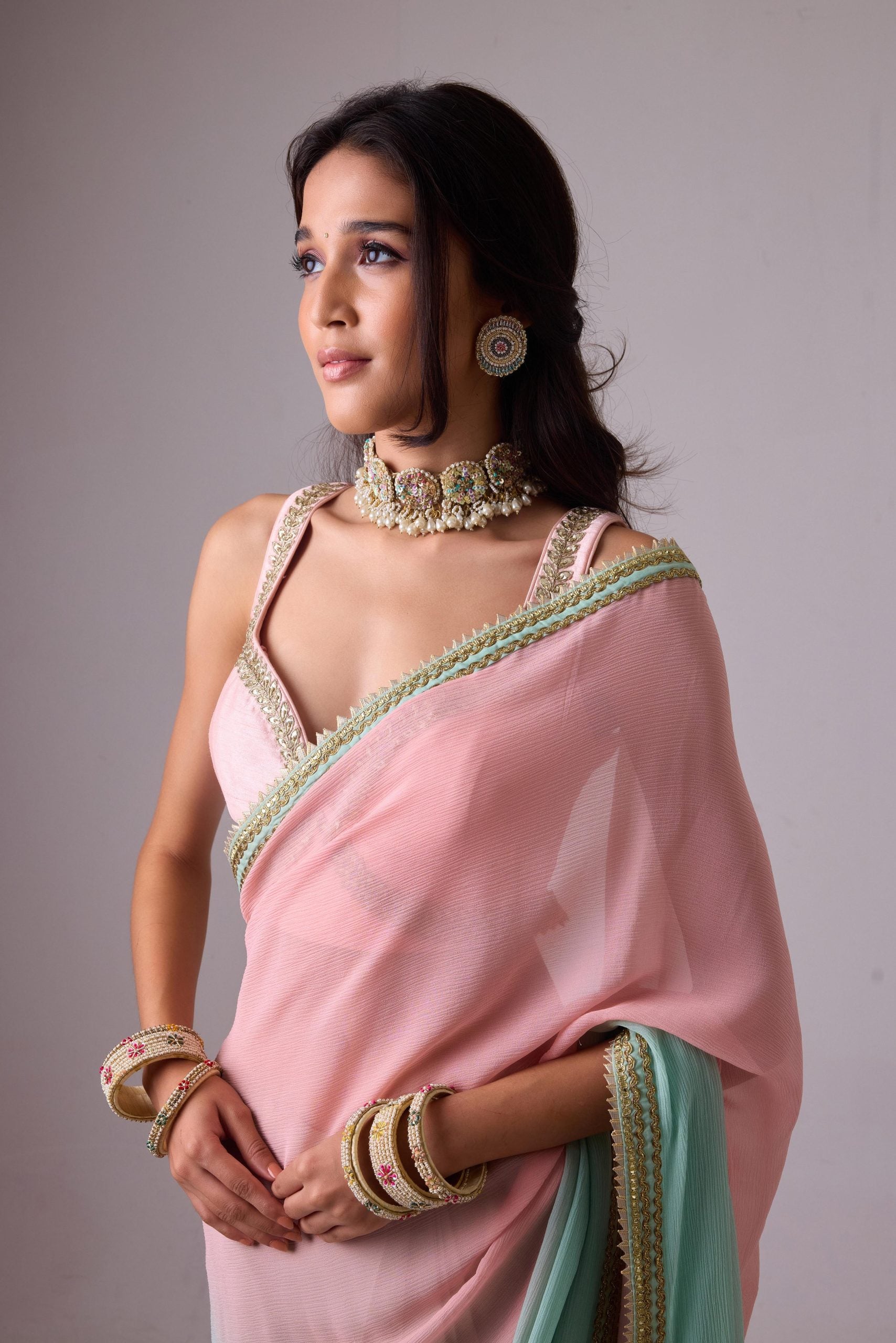 Pure silk chiffon ombre saree and gota borders