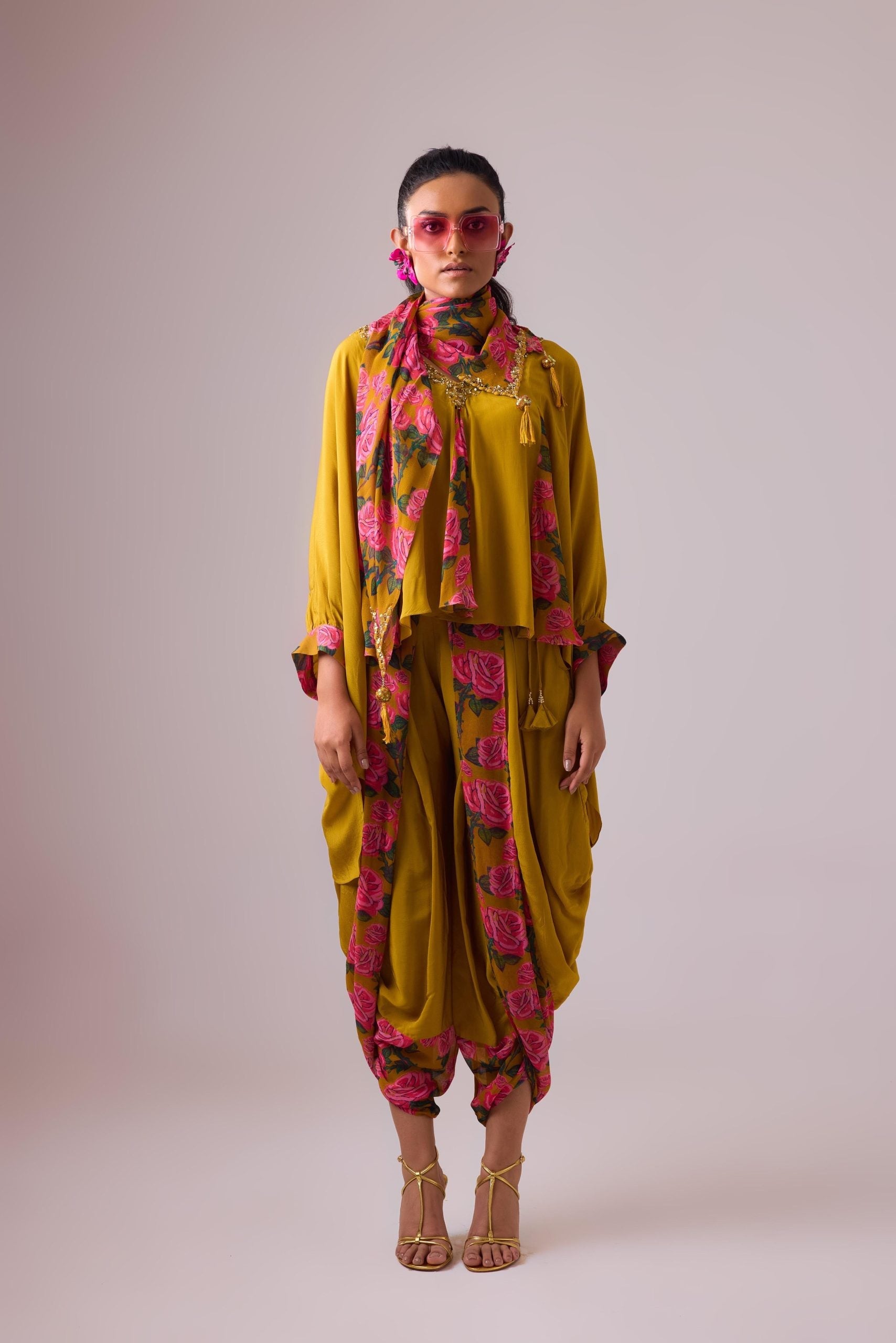 ROSE PRINTED WITH GODET KAFTAN TOP AND DHOTI PAIRED WITH PRINTED DUPATTA