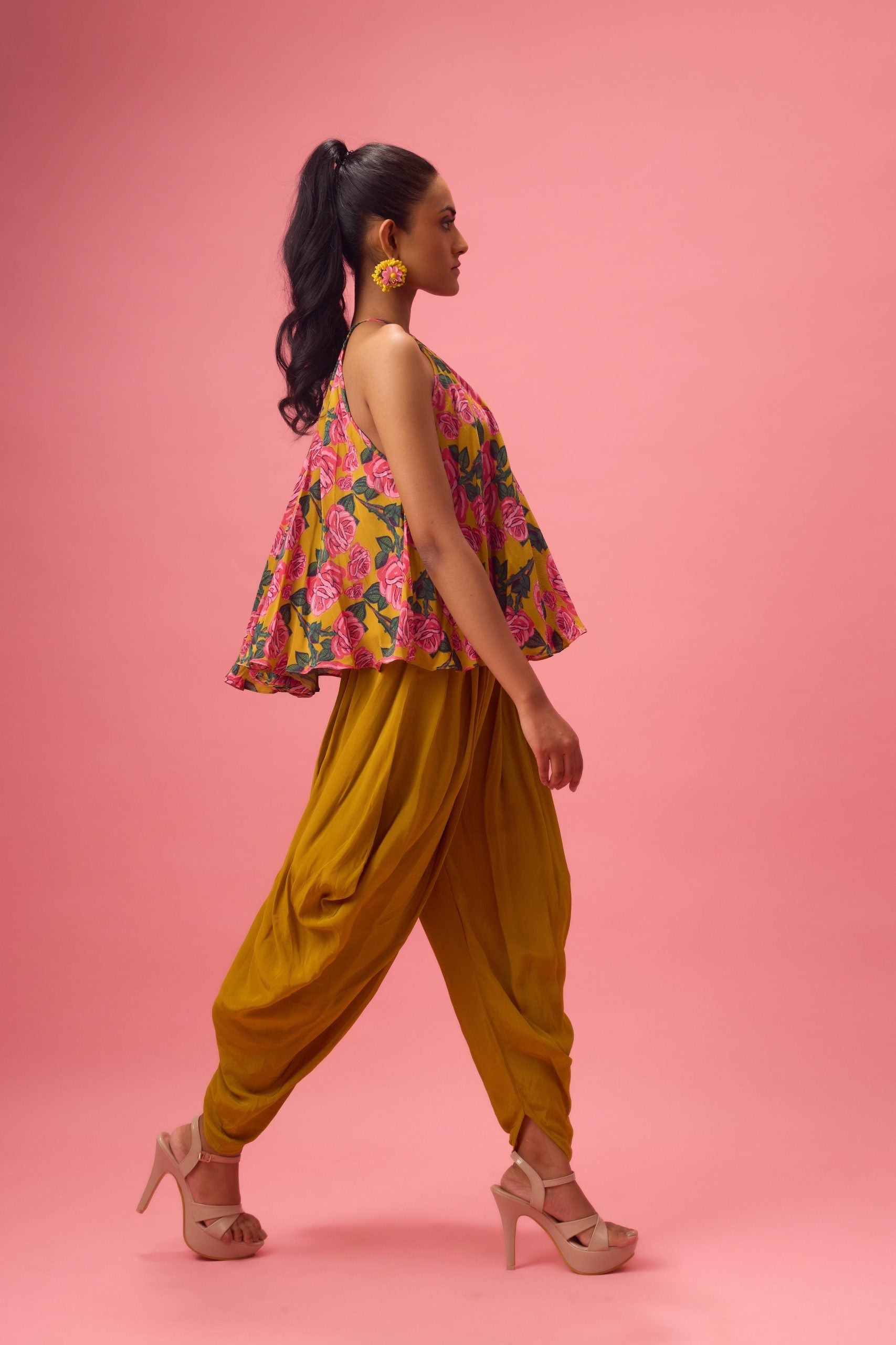 FLORAL PRINTED TOP PAIRED WITH SOLID DHOTI