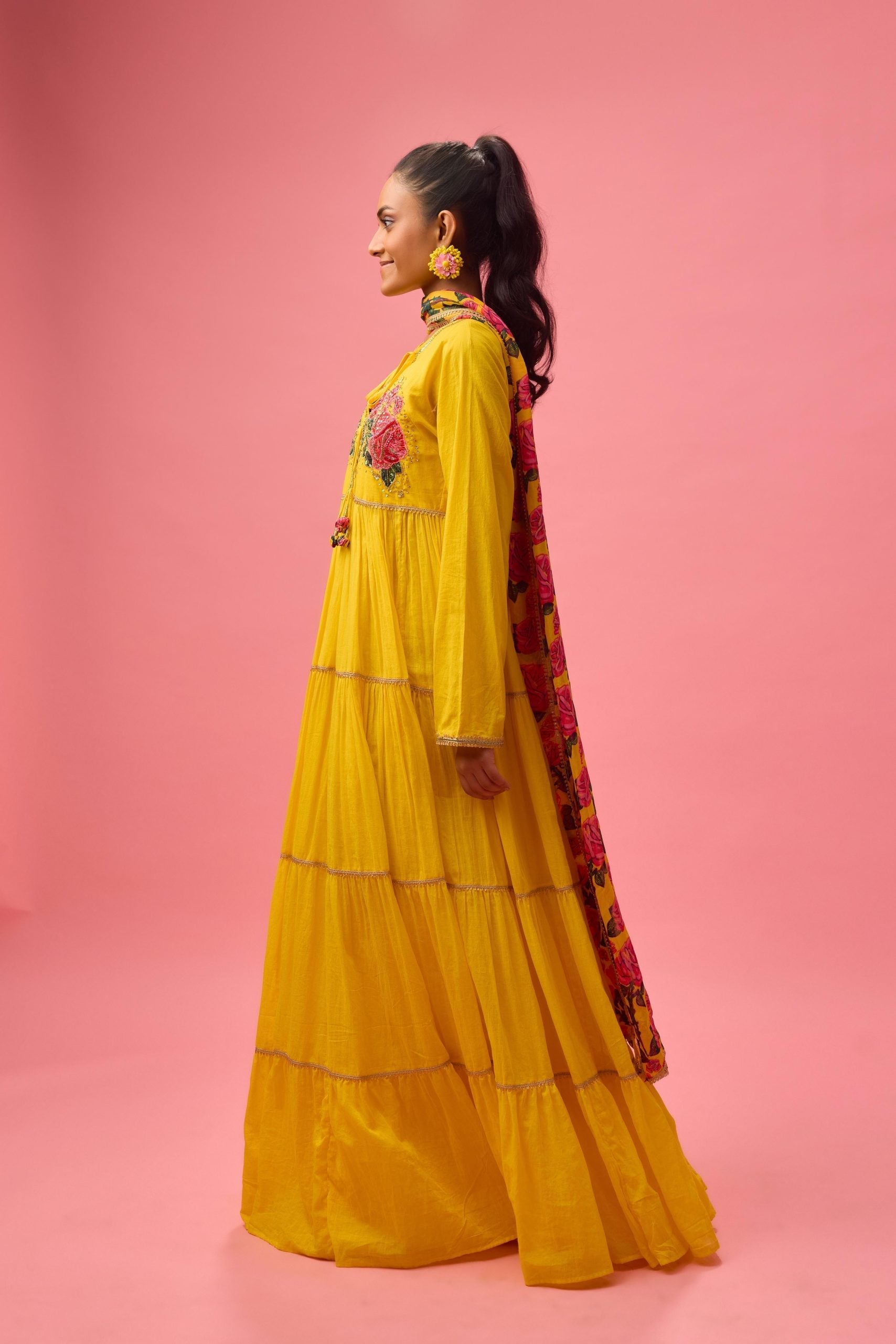 COTTON SOLID  YELLOW  ROSE APPLIQUE KALIDAR PAIRED WITH PRINTED DUPATTA AND CHURIDAR