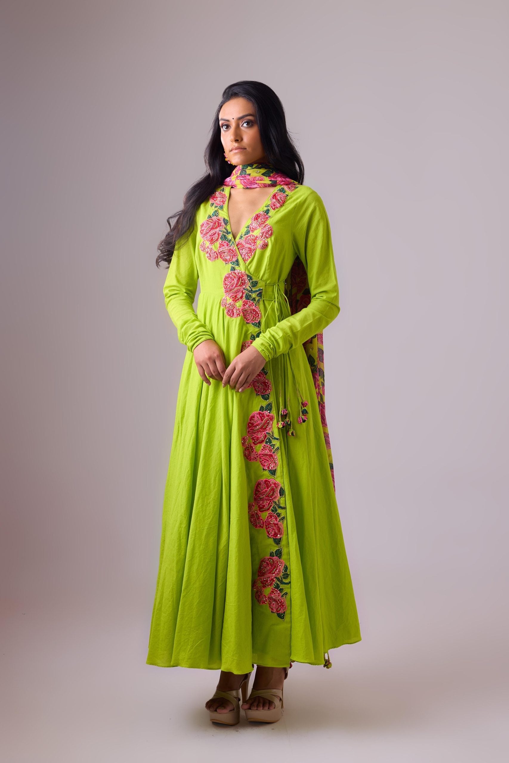 COTTON SOLID LIME ROSE APPLIQUE KALIDAR PAIRED WITH PRINTED DUPATTA AND CHURIDAR