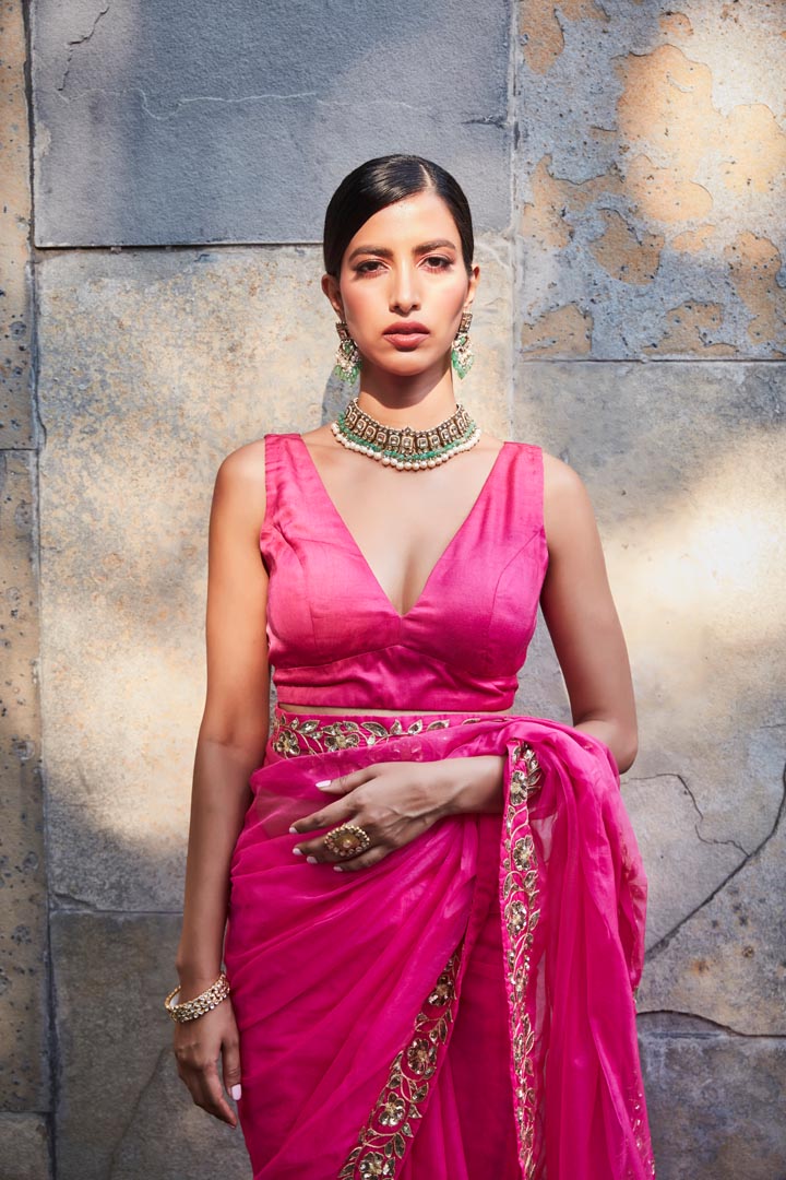 fuschia silk organza saree