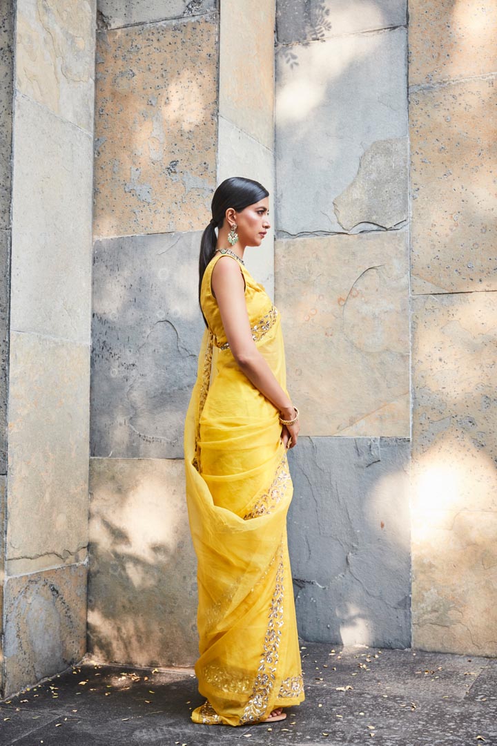 yellow silk organza saree