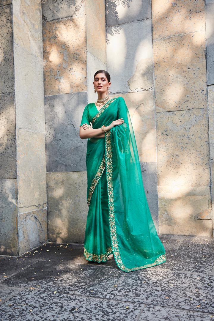 green silk organza saree