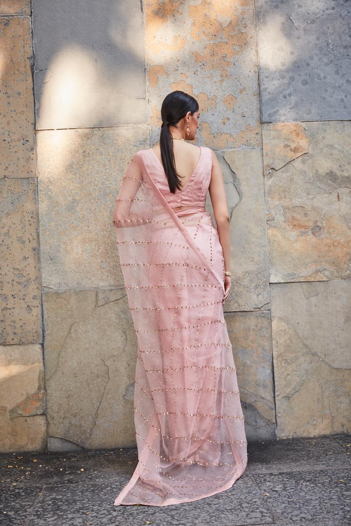 blush pink silk organza saree