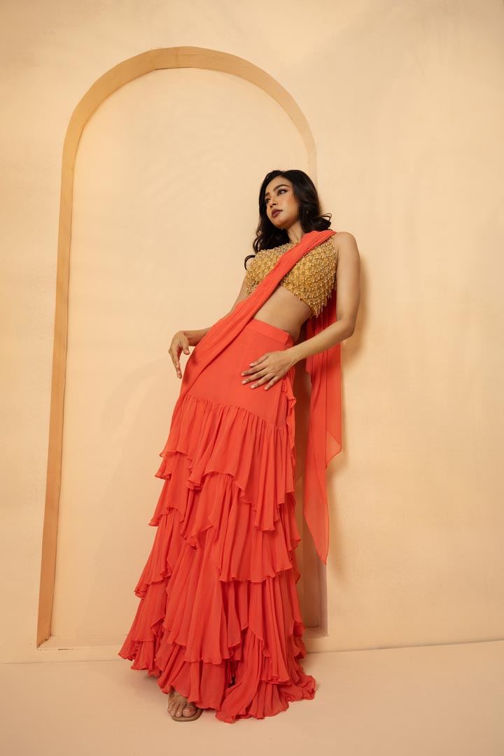 Peach embroidered pre-stitched drape ruffle saree