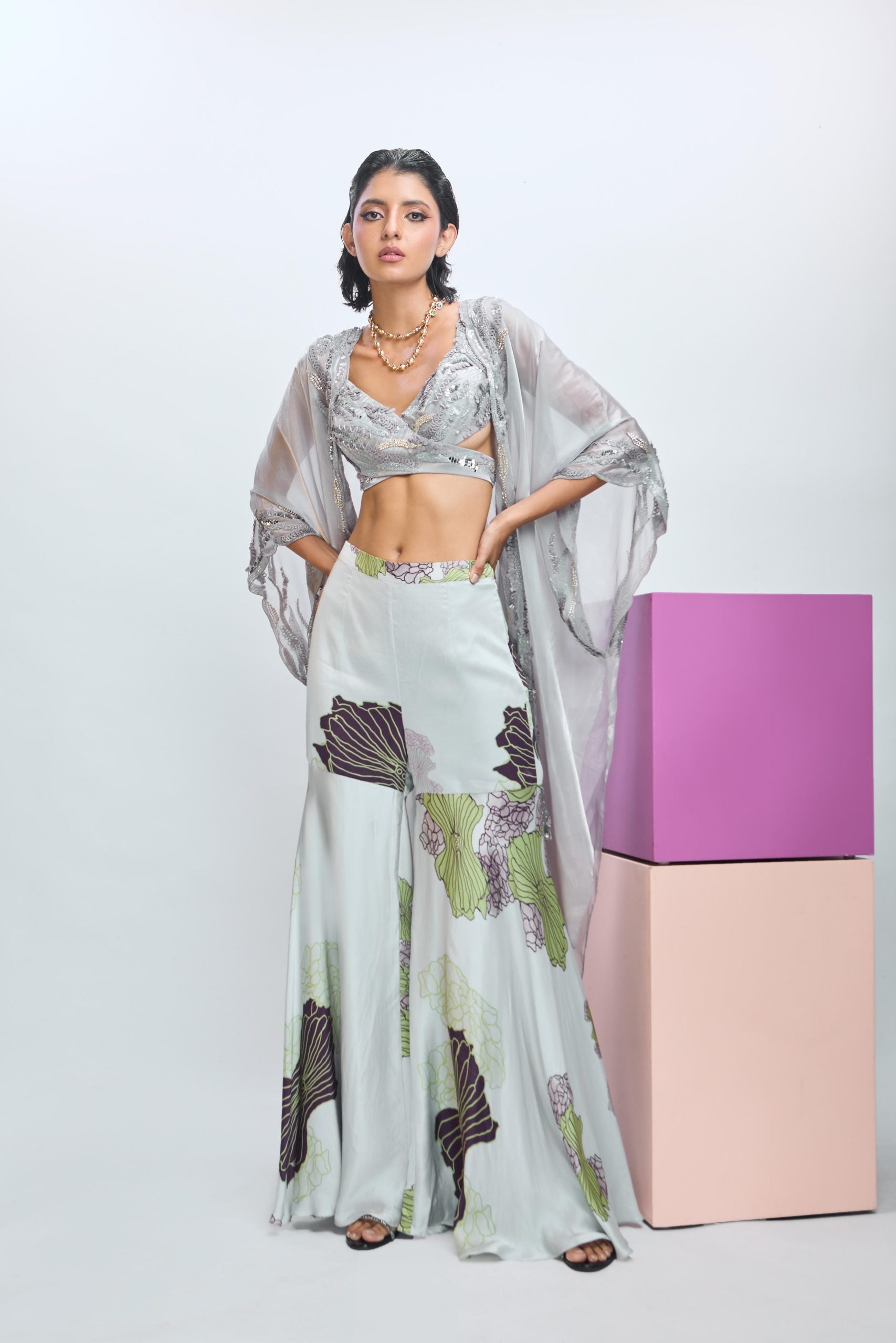 Embroidered Blouse with Printed Pants and Embroidered Scallop Dupatta