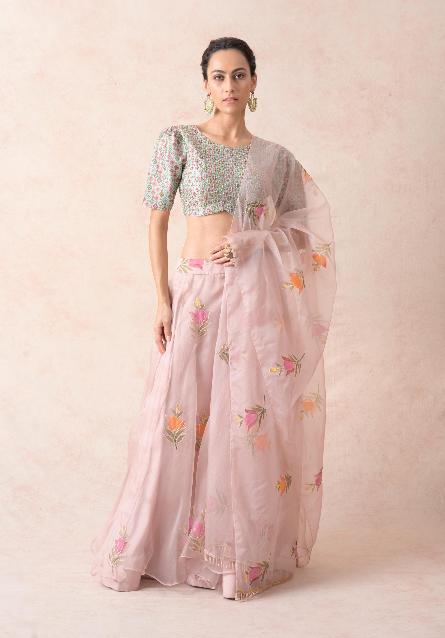 Hand embroidered blouse with powder pink organza lehenga with hand painted buttis, dupatta